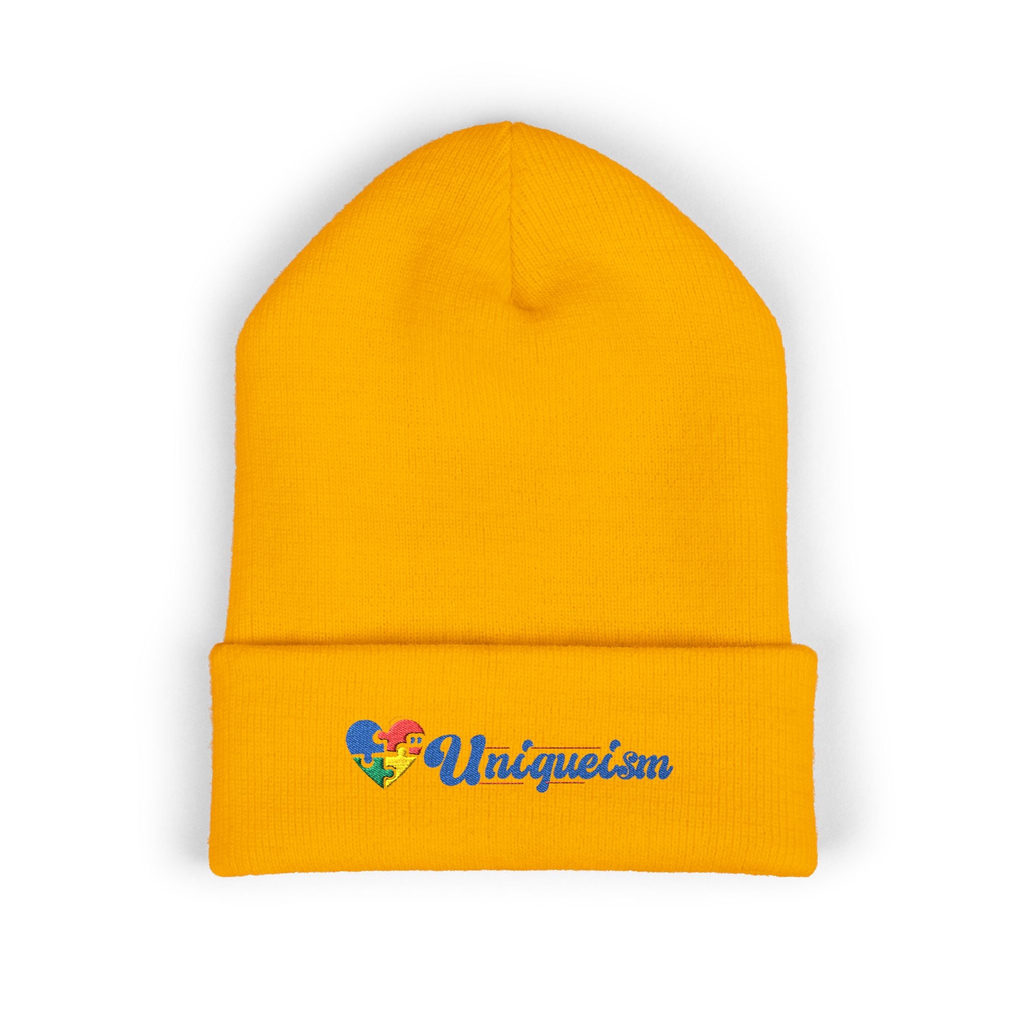 Embroidered "Unique'ism" Heart Beanie — Classic Cuffed Knit Hat