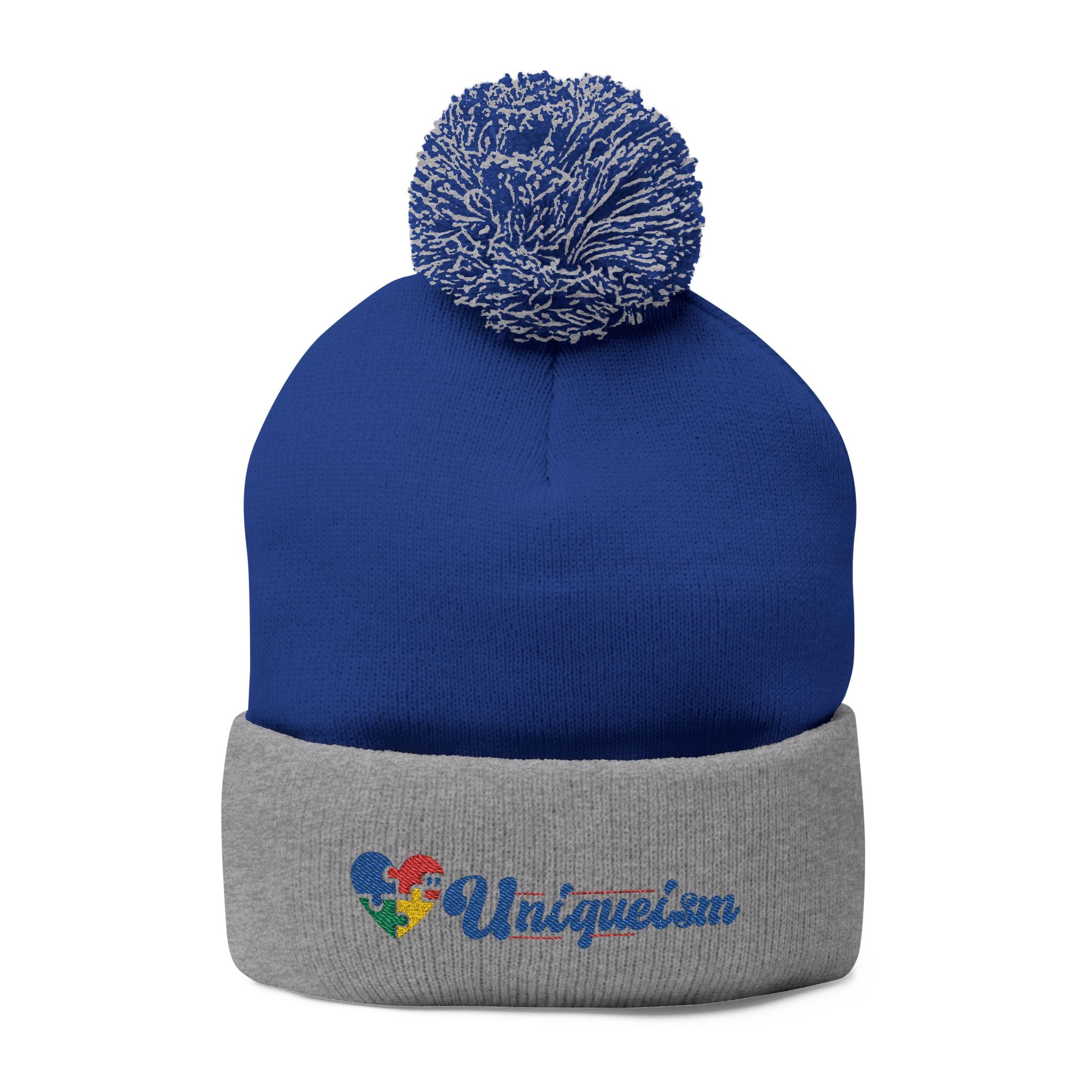 Embroidered Pom-Pom Beanie — Colorful Heart Logo Knit Cap