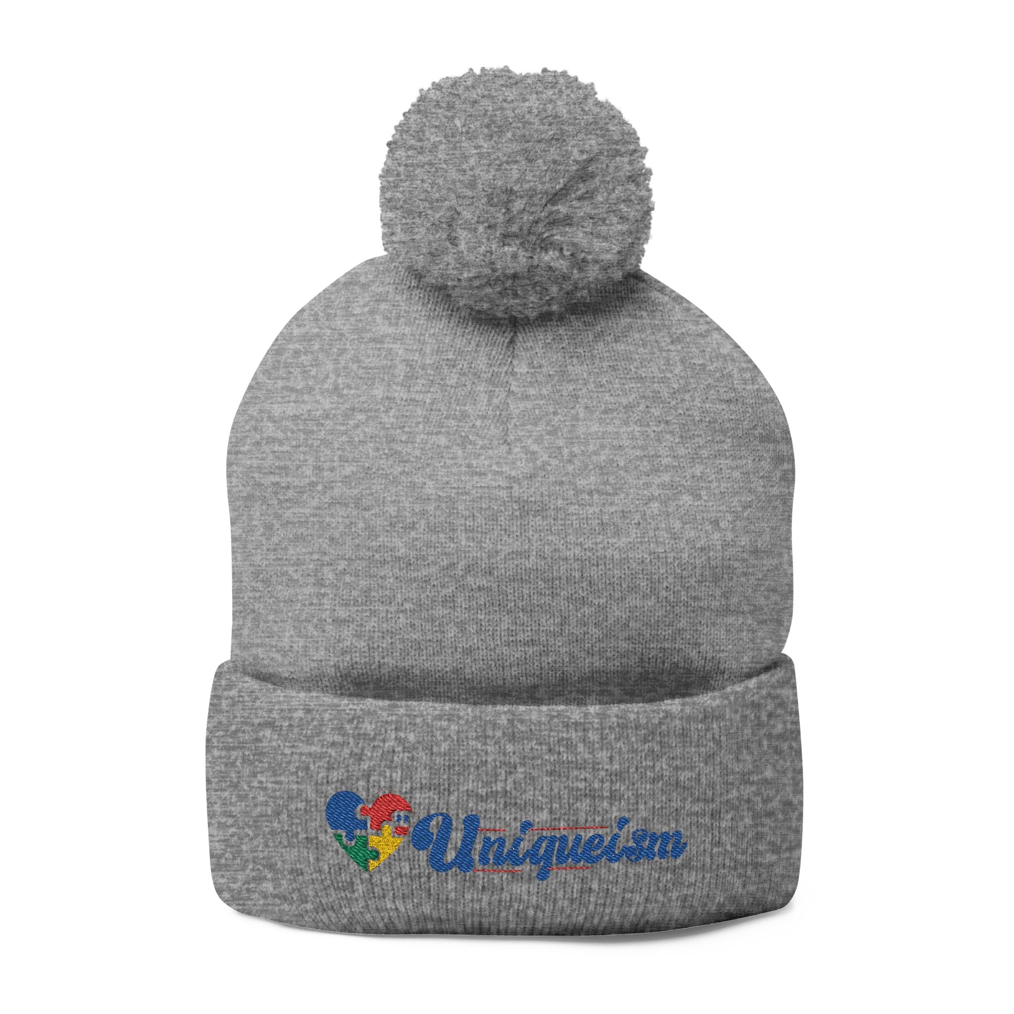 Embroidered Pom-Pom Beanie — Colorful Heart Logo Knit Cap