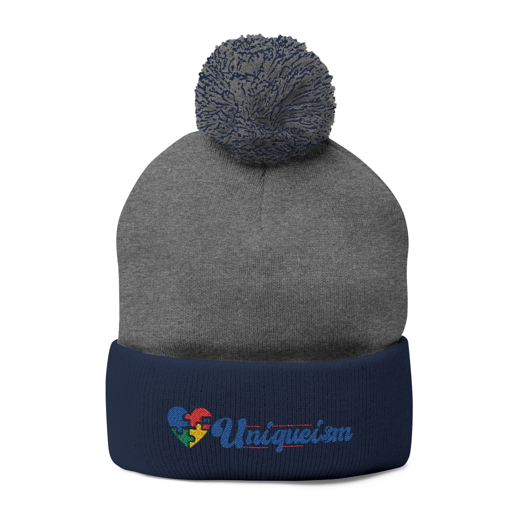 Embroidered Pom-Pom Beanie — Colorful Heart Logo Knit Cap