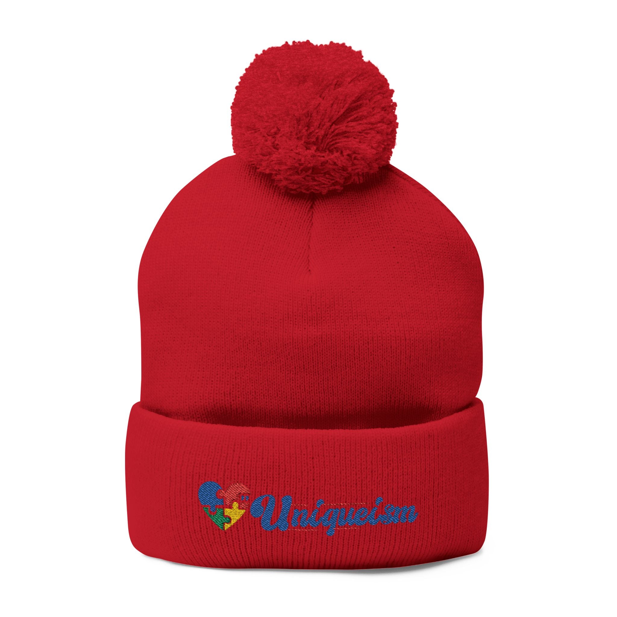 Embroidered Pom-Pom Beanie — Colorful Heart Logo Knit Cap