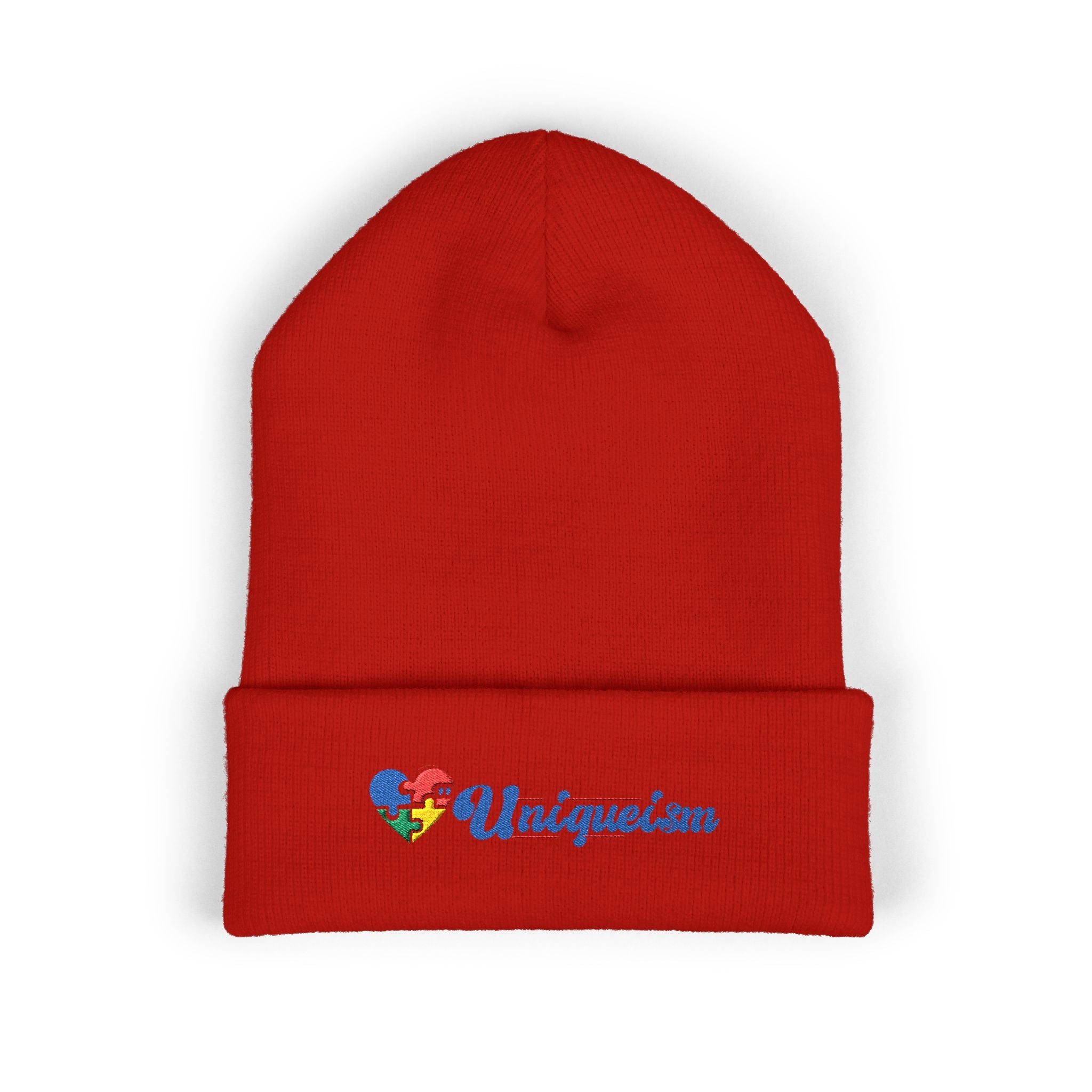 Embroidered "Unique'ism" Heart Beanie — Classic Cuffed Knit Hat