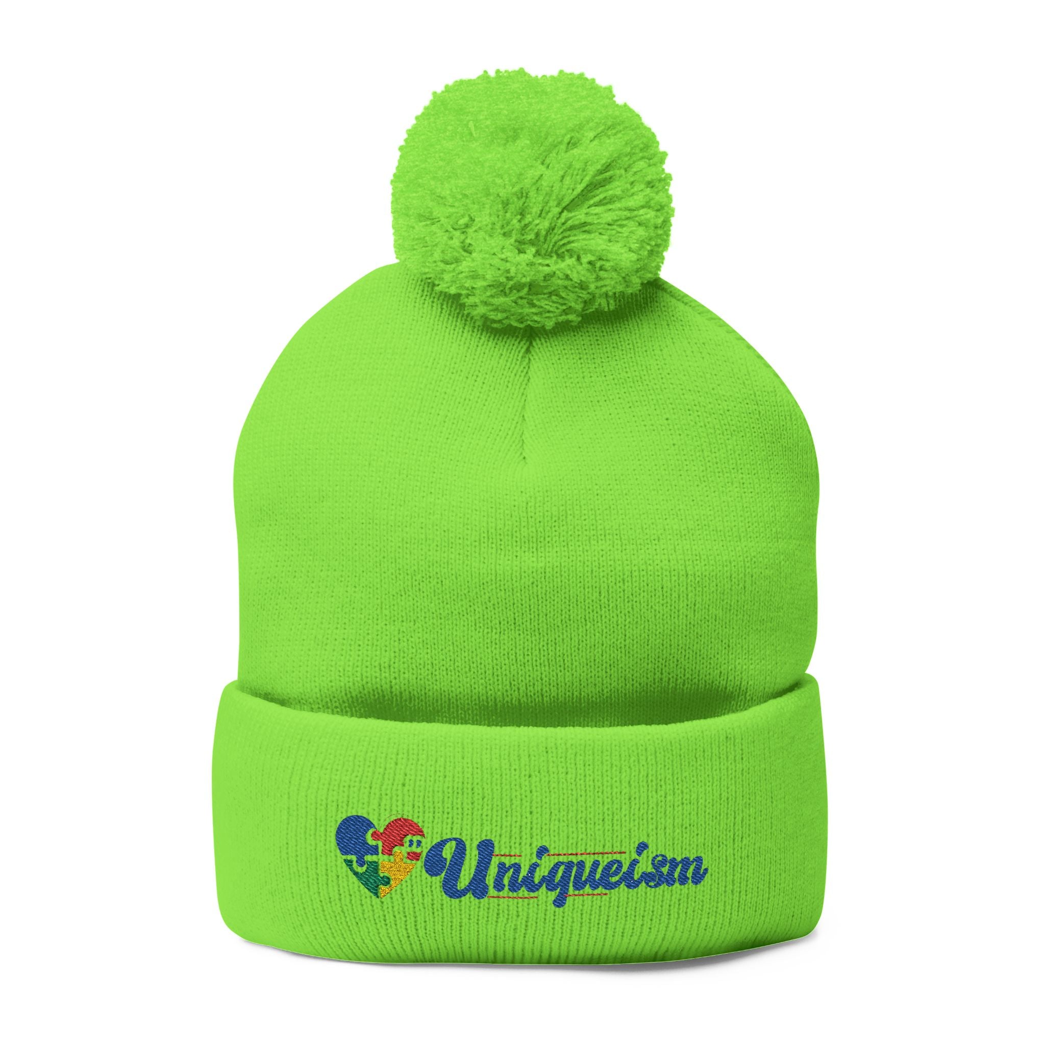Embroidered Pom-Pom Beanie — Colorful Heart Logo Knit Cap