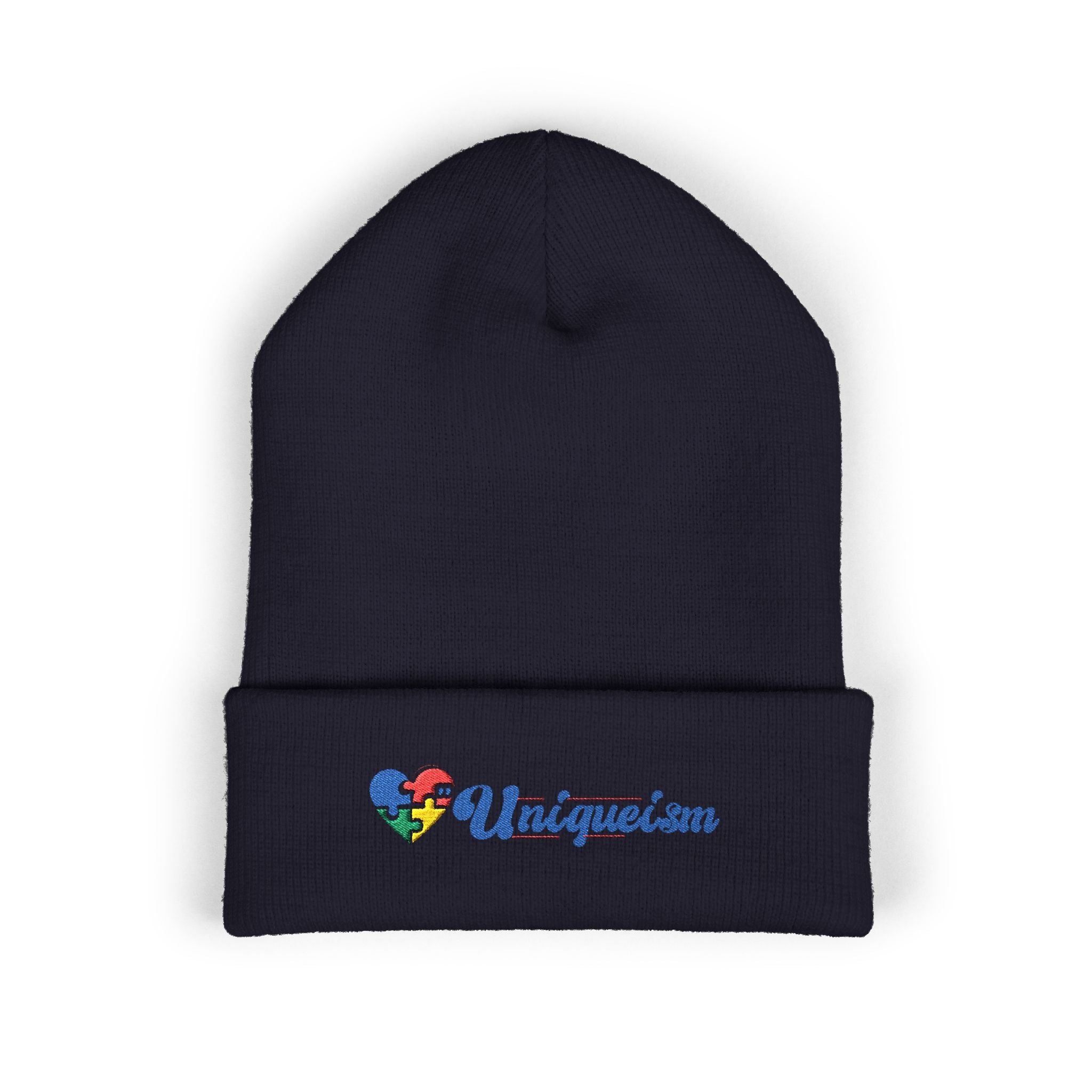 Embroidered "Unique'ism" Heart Beanie — Classic Cuffed Knit Hat